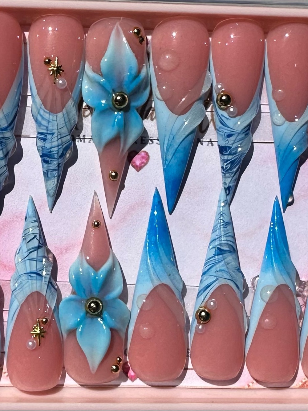 Handmade Blue Floral Stiletto Press-On Nails - Nude Pink & Aqua Blue
